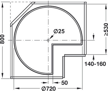 Dreiviertelkreis-Drehboden, für Unterschrank 800 x 800 mm