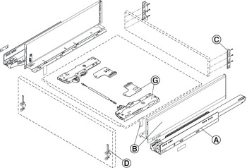 Schubladen-Garnitur, Legrabox pure, Zargenhöhe 128 mm, Systemhöhe K, mit Korpusschiene Blumotion S