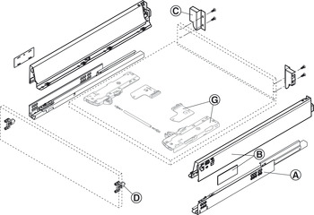 Schubladen-Garnitur, Blum Tandembox antaro, mit Korpusschiene Blumotion / Tip-On Blumotion, Systemhöhe N, Zargenhöhe 68 mm