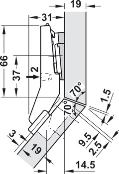 Winkelscharnier 45°, Blum Clip Top Blumotion 95°, für Eckschränke mit zurückgesetzten Fronten