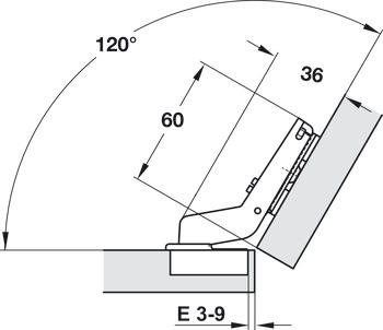 Topfscharnier, Häfele Duomatic 94°, für 30° Winkelanwendungen, halbaufschlagend