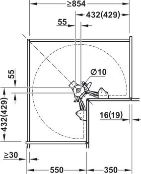 Dreiviertelkreis-Drehbeschlag, für Eckschrank, für 90°-Falttür