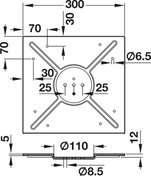 Plateau de pied, rond ou carré, avec plaque de fixation, pour diamètre de plateaux de table jusqu'à 900 mm