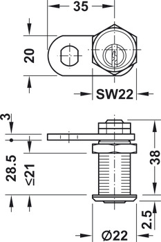 Fermeture à pêne batteur, avec cylindre à goupilles, fixation par écrou, épaisseur de la porte ≤21 mm, installation de fermeture spécifique au client