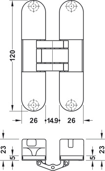 Paumelle, à pose invisible, pour portes intérieures à recouvrement jusqu'à 40/50 kg, Startec
