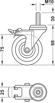 Roulette pour appareils, avec bande de roulement souple, rigide ou pivotant