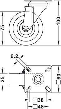 Roulette pour appareils, avec bande de roulement souple, rigide ou pivotant