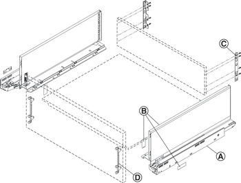 Garniture bloc-tiroir, Legrabox pure, hauteur de côtés 177 mm, hauteur de système C, avec coulisse Tip-On