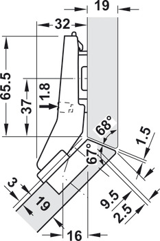 Charnière à corps, Blum Clip Top Blumotion 95°, pour éléments d'angle avec façades en retrait
