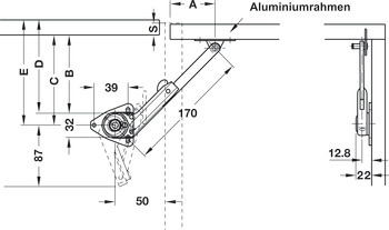 Compas, avec articulation, pour abattants avec cadre en aluminium, effet de freinage réglable